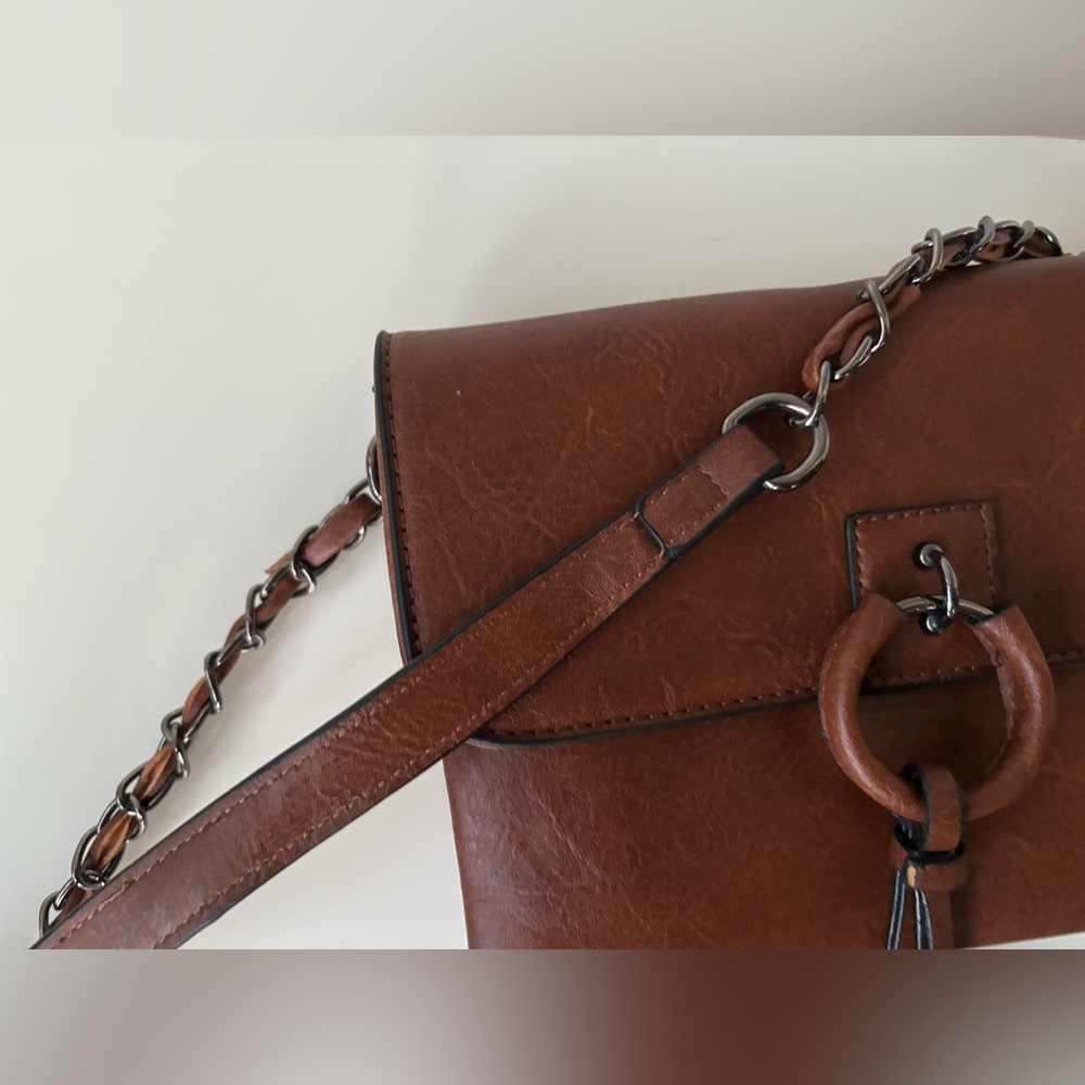 Sam & Hadley Faux Leather Flap Brown Bag Chain Detail on strap. Like new